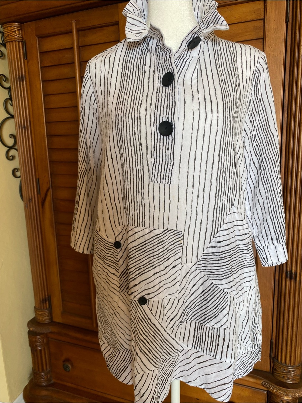 Women’s White & Black Striped Tunic with Button Front